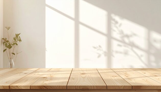 Empty Wooden Table with Sunlit Wall for Product Display