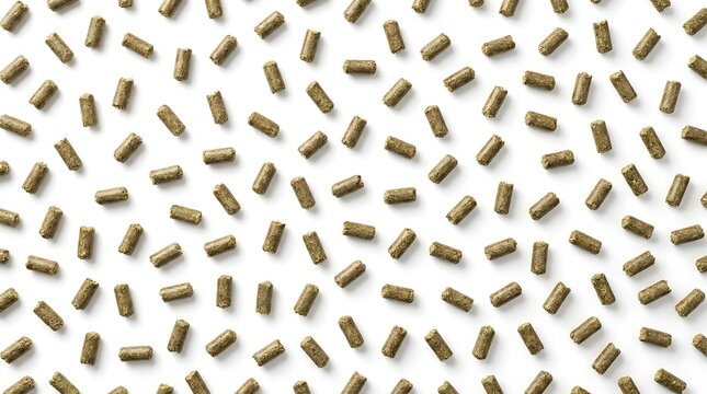 A top-down view of scattered green alfalfa pellet dry feed for livestock arranged uniformly against a clean white background in a studio setting