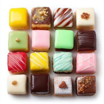 Petit four assortment dessert with colorful icing isolated on a white background