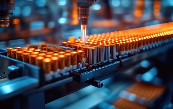 automated production line of metallic cylindrical battery cells with robotic nozzle and warm orange lights under cool blue industrial lighting conveying focused precision and efficiency