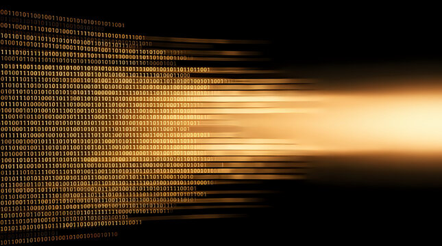Abstract golden data stream moving rapidly through digital matrix grid with information technology computing