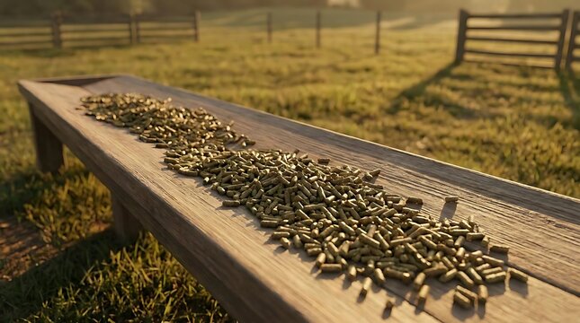 Alfalfa pellet nutrition scattered on a rustic wooden feeding trough set in a sunlit rural pasture for livestock agriculture and farming industry use