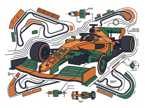 Modern Formula One Racing Car Technical Illustration with Circuit Layouts and Engineering Details