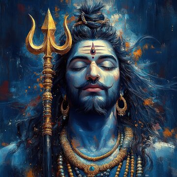 majestic blue-skinned divine figure with flowing dark hair, golden trident and ornate gold necklaces, face obscured by a blurred rectangle, serene and powerful