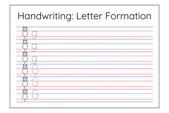 Educational worksheet for children learning handwriting practice letter g formation with handwriting