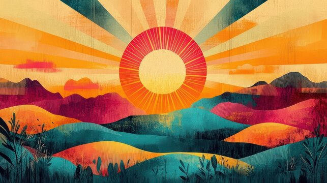 Vibrant sunrise over layered colorful rolling hills with radiating sun rays, silhouetted foreground plants and textured sky, evoking warmth and uplifting serenity
