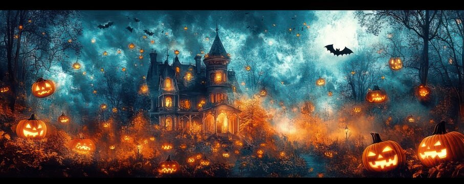 eerie moonlit haunted mansion surrounded by glowing carved pumpkins and flickering jack-o-lanterns among bare trees, swirling fog and bats for a spooky halloween night