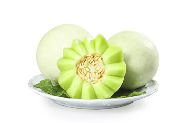Fresh Jade Green Honeydew Melon Slices on White Plate - Sweet Flavorful Fruit © QuangVinh