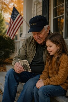Elderly veteran and granddaughter reading together on porch with American flag