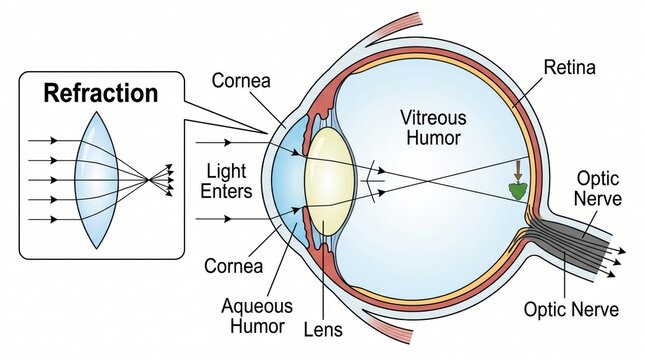 Detailed scientific illustration showing the anatomical structures of the human eye and the optical process of light refraction