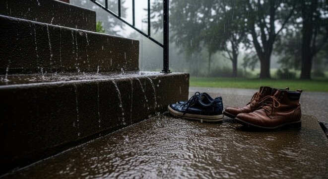 abandoned shoes on wet stairs on a rainy day