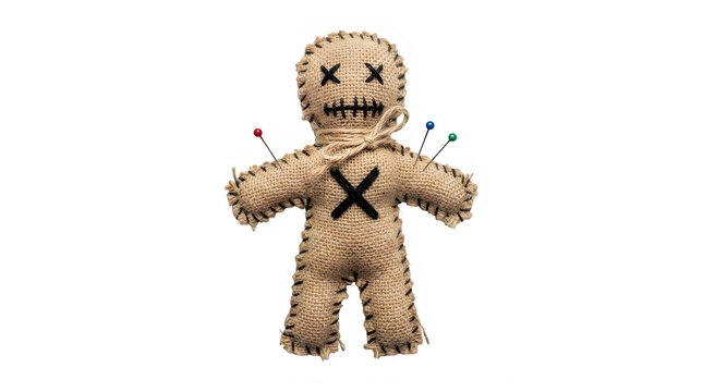 PNG A small burlap voodoo doll featuring stitched facial expressions an X mark on the chest and three colored pins stuck into the shoulder area Isolated on transparent background