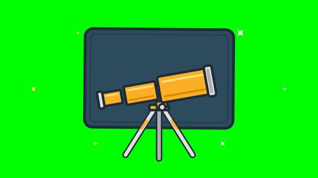 2D animated orange telescope on tripod with sparkling stars motion graphic isolated on green screen background. Vector astronomy and space exploration concept video.