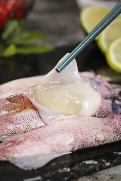 Fresh Raw Squid Preparation with Marinade Injection for Gourmet Seafood Cooking