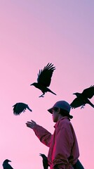 Naklejka premium Handsome Young Man Releasing Enormous Black Ravens with Iridescent Rainbow Reflections into a Dramatic Twilight Sky