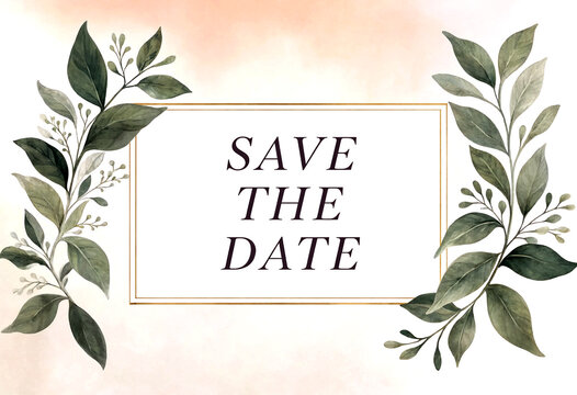Elegant watercolor save the date frame with green foliage and delicate branches design
