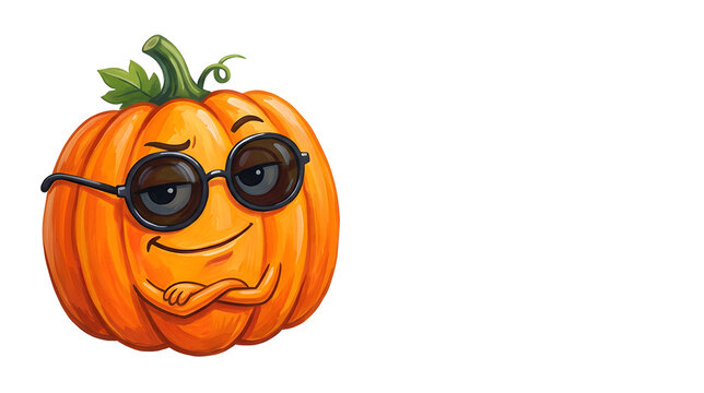 A hilarious confident fully cartoon illustrated autumn pumpkin wearing oversized round sunglasses, raised eyebrow and a cool crooked smile, tiny arms crossed casually, bright orange ridged body, cute 