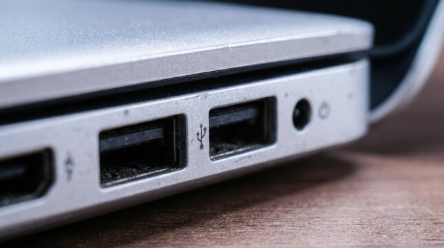 Silver laptop side usb port closeup esg concept for office technology