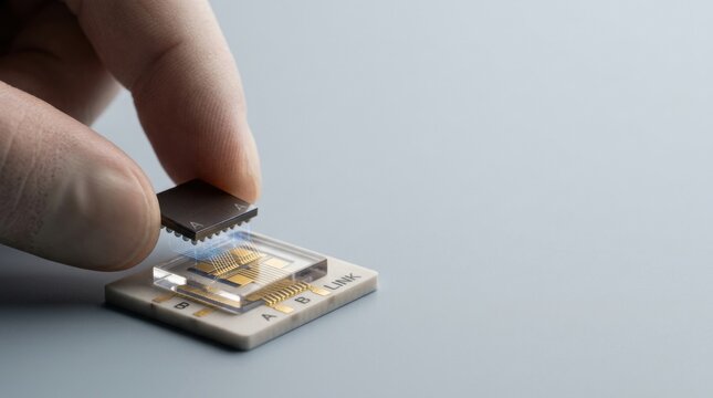 Hand guiding a micro computer chiplet illustrating advanced integration of independent computing components