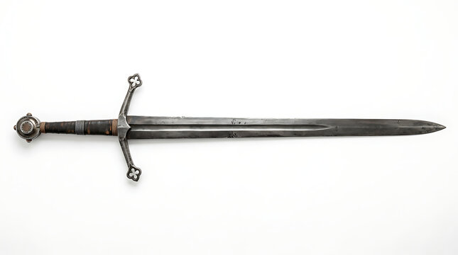 A detailed studio shot of an authentic medieval longsword with a leather wrapped handle