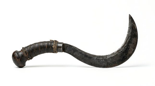 A traditional curved harvesting sickle with a dark wooden handle isolated on white background