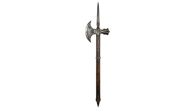 A vintage medieval poleaxe with a sharp steel blade and wooden handle isolated on white