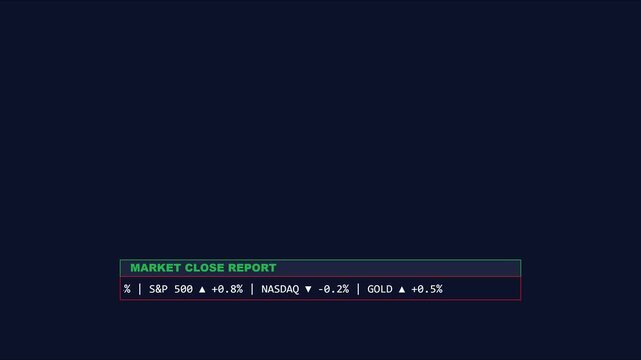 Market close report financial data ticker overlay with stock exchange indices and commodity price fluctuations animation 4k
