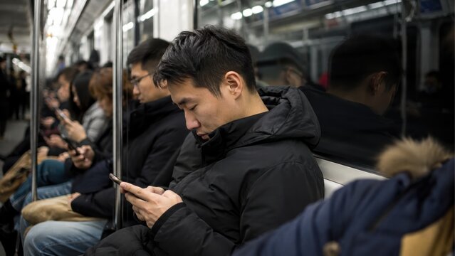 Commuters sit closely on a subway train, focused on their smartphones during their journey.