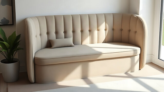 Single upholstered banquette with a curved back in a modern minimalist living room.