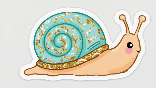 cartoon snail with shiny glittery shell sticker style on white background.ai 