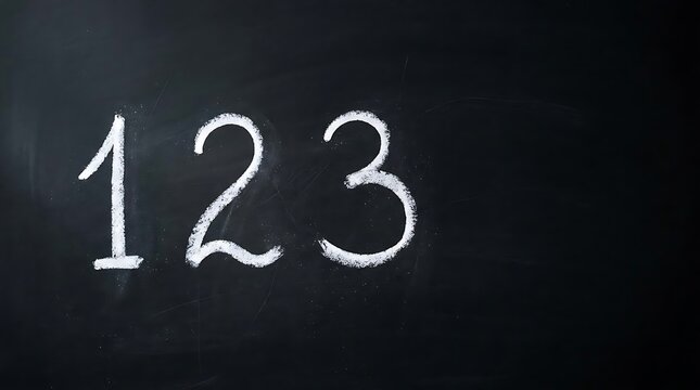 Close up of the numbers 1 2 3 chalk written in white on a black school chalkboard background, symbolizing basic counting, education, and early learning