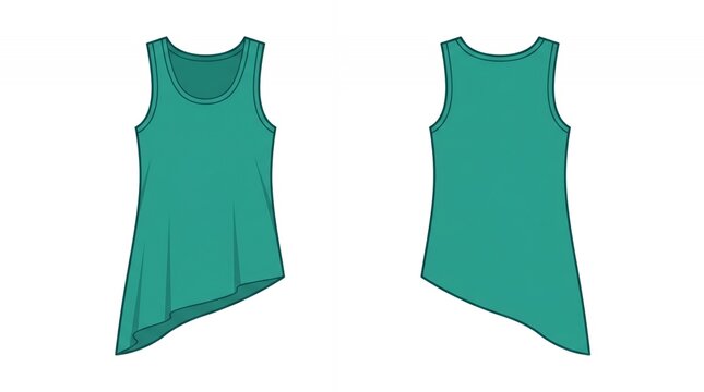 Teal Sleeveless Asymmetrical Tank Top for Women Technical Fashion Drawing Showing Front and Back View on White Background
