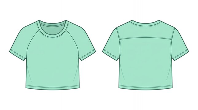 Mint Green Women's Raglan Sleeve Crop Top Technical Fashion Flat Sketch Illustration with Front and Back View
