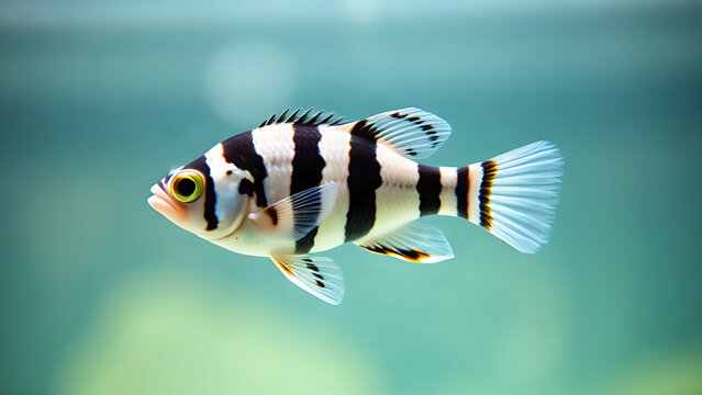 Zebra danio fish with black and white stripes swimming in clear aquarium water.