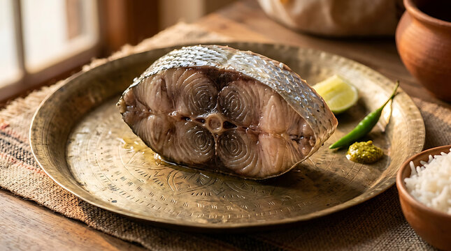 Fresh slice of raw king fish steak on traditional brass plate with lime and green chili garnish culinary ingredient nutrition preparation freshness