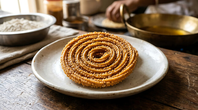 Freshly fried crispy chakli snack on white ceramic plate with deep fried traditional homemade vegetarian appetizer nutrition delicious culinary snacking