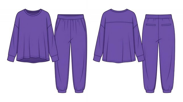Purple Oversized Sweatshirt and Joggers Tracksuit Set Technical Fashion Flat Drawing Template Front and Back View