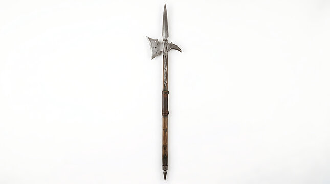 A vintage medieval polearm halberd with a sharp iron blade and wooden shaft isolated on white