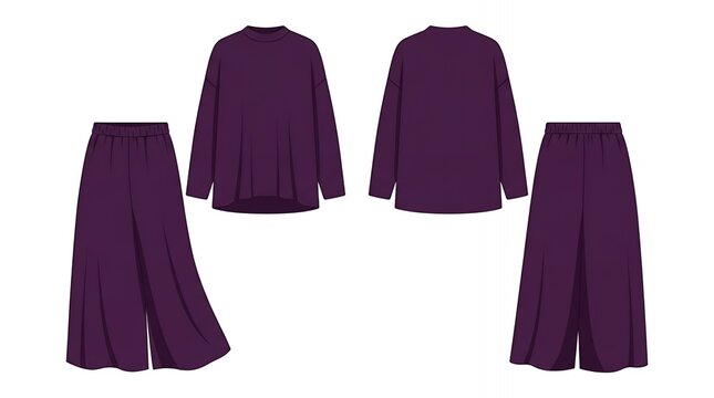 Women's Loungewear Set in Dark Purple featuring Oversized Sweatshirt and Wide Leg Pants Flat Technical Fashion Sketch.