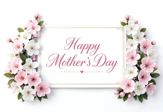 Beautiful happy mothers day greeting card with delicate pink flowers and elegant typography design