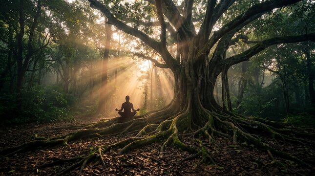 Person meditating in lotus pose under majestic ancient banyan tree with sunbeams streaming through misty forest, spiritual mindfulness concept