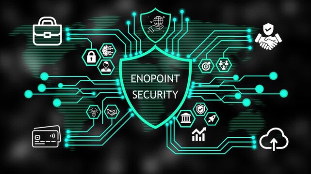  Cyber Security endpoint security Shield HUD Animation with Connected Business and Technology Icons Abstract Background