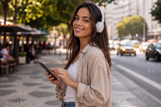 Jovem mulher brasileira sorrindo enquanto ouve m&uacute;sica com fones de ouvido e usa o smartphone em uma rua movimentada da cidade