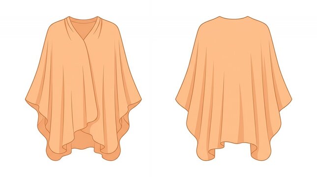 Stylish Peach Oversized Poncho Shawl for Women Front and Back View Flat Fashion Apparel Drawing Template