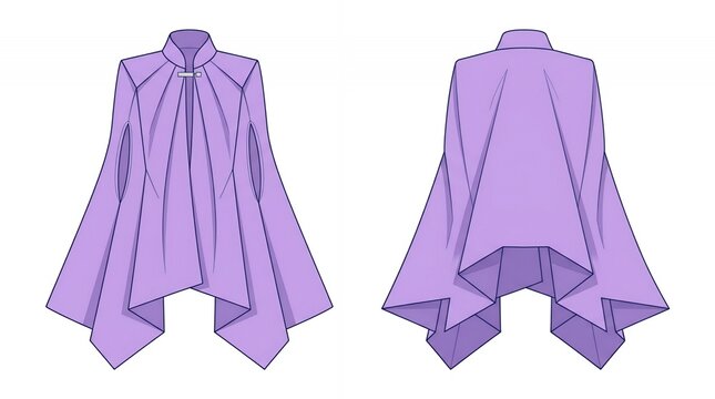 Purple Cape Fashion Technical Flat Sketch Template with Front and Back Views and Asymmetric Draped Hemline Detail