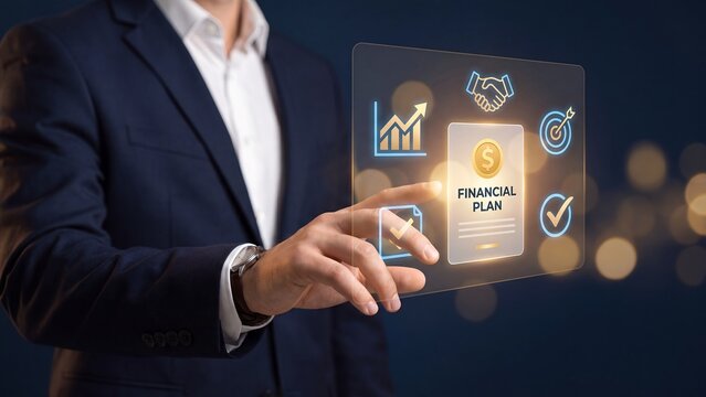 Financial planning strategy concept, businessman tapping digital interface with financial plan document, growth chart, handshake, target and approval icons, investment management and advisory services
