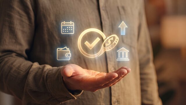 Banking payment approval concept, businessman holding digital checkmark coin with wallet, calendar, growth arrow and bank icons, financial management, transaction verification and savings planning