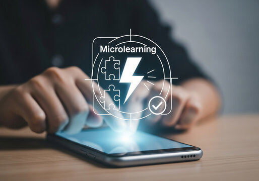 Innovative microlearning concept on a mobile phone screen with a person using a smartphone for fast educational content and digital training.