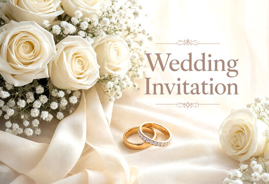 Beautiful white roses and elegant wedding rings with baby breath flowers in invitation design