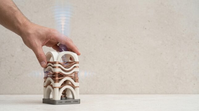 Human hand interacting with model of body to demonstrate resilience against disaster impact and structural integrity